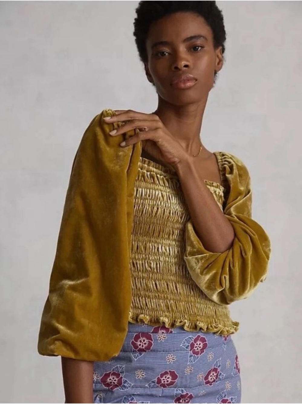 Anthropologie Gold Smocked Body Square Neck Puff Sleeved Velvet Blouse XS